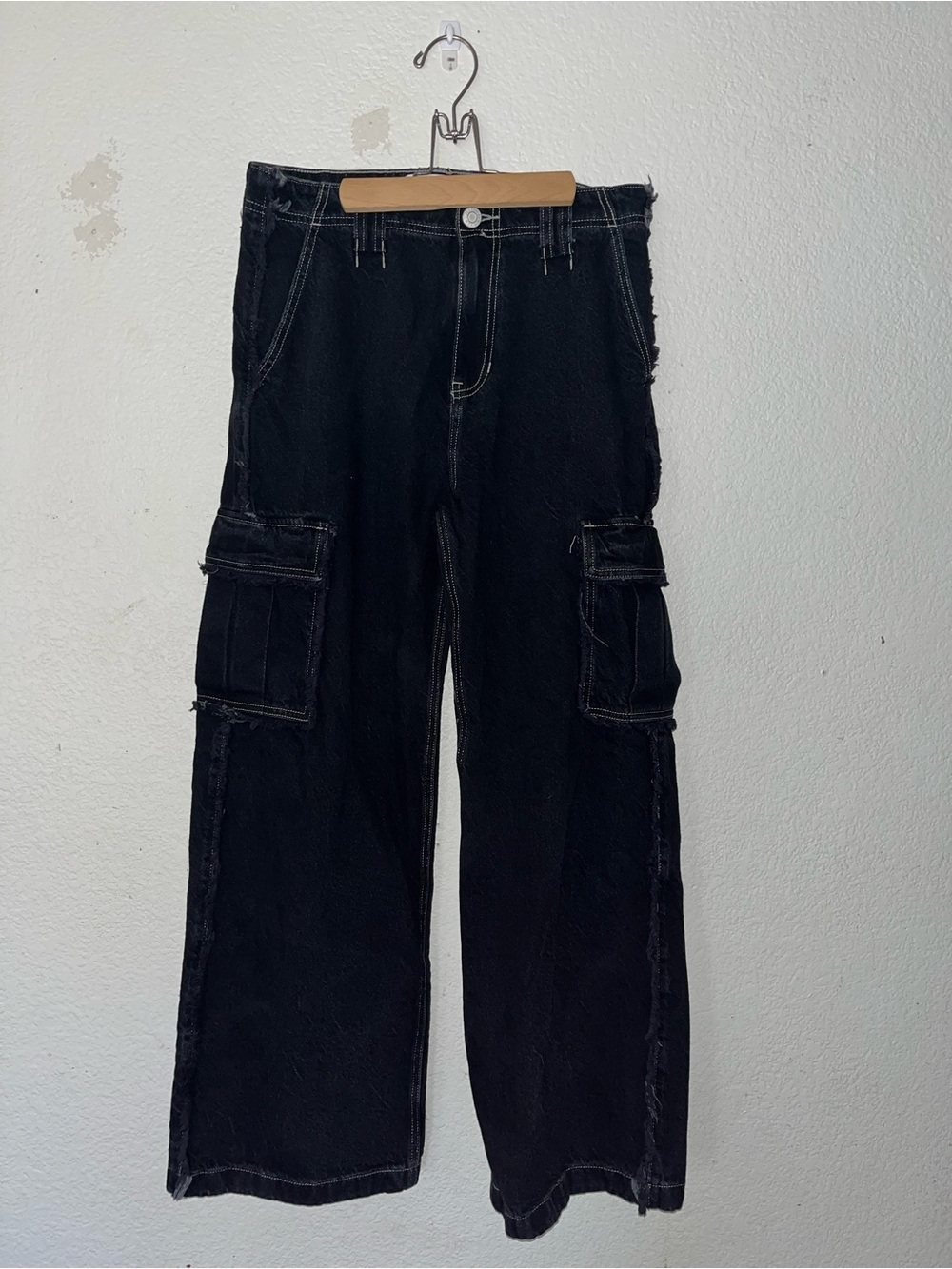 PacSun Black Cargo Pants with Pocket Flaps & white stitching